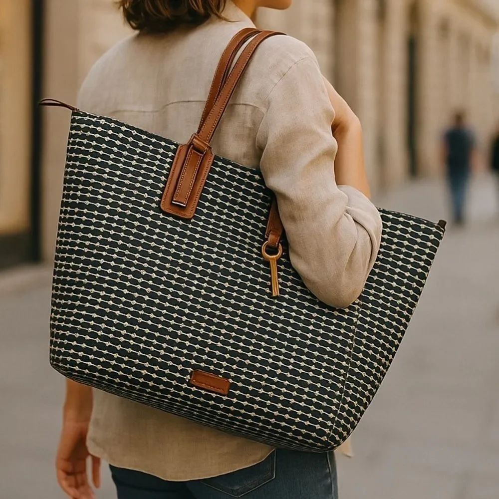 Fossil Rachel Large Tote Bag Top Zip Brown White Stripe/Dot